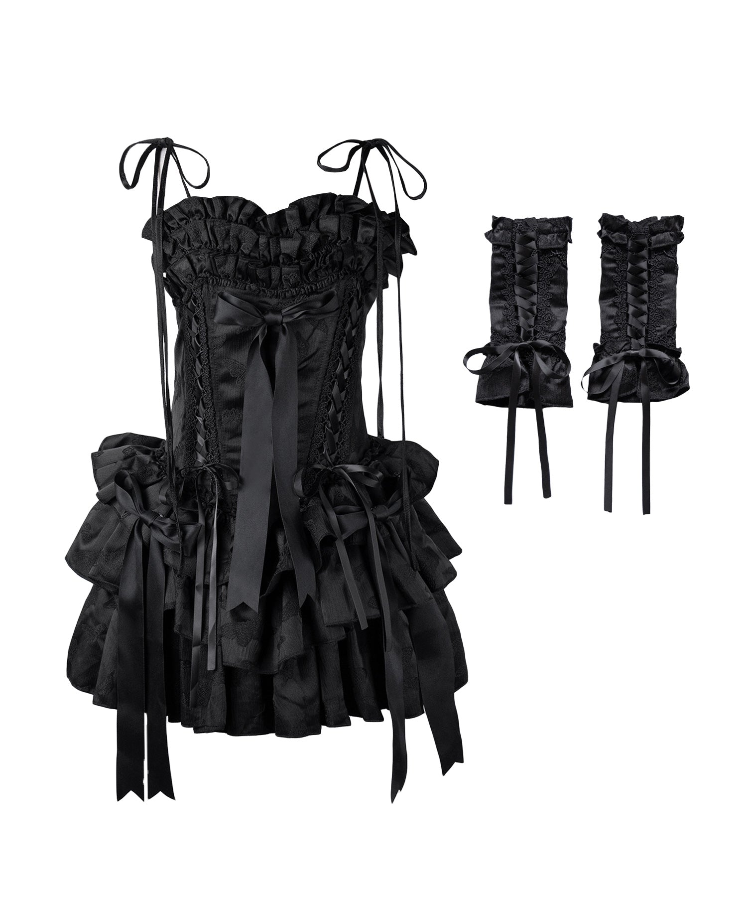 【 限定先行販売 】【 arm cover SET 】 shoulder ribbon lace up volume frill mini onepiece dress