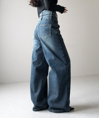 【２color ／４size 】カットアウトダブルハイウエストワイドデニム ／　cutout double high waist wide denim