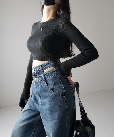 【２color ／４size 】カットアウトダブルハイウエストワイドデニム ／　cutout double high waist wide denim
