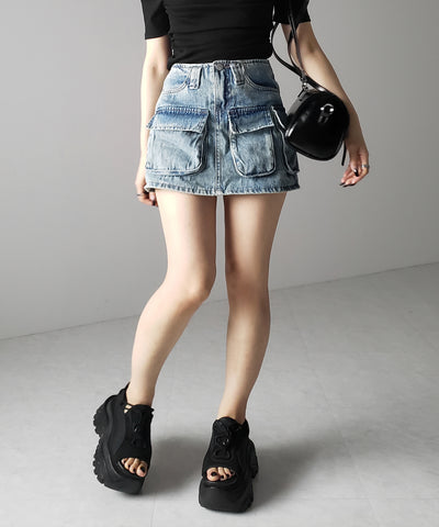 ３ポケットカーゴデニムミニスカートパンツ ／ 3-pocket cargo denim mini skirt pants