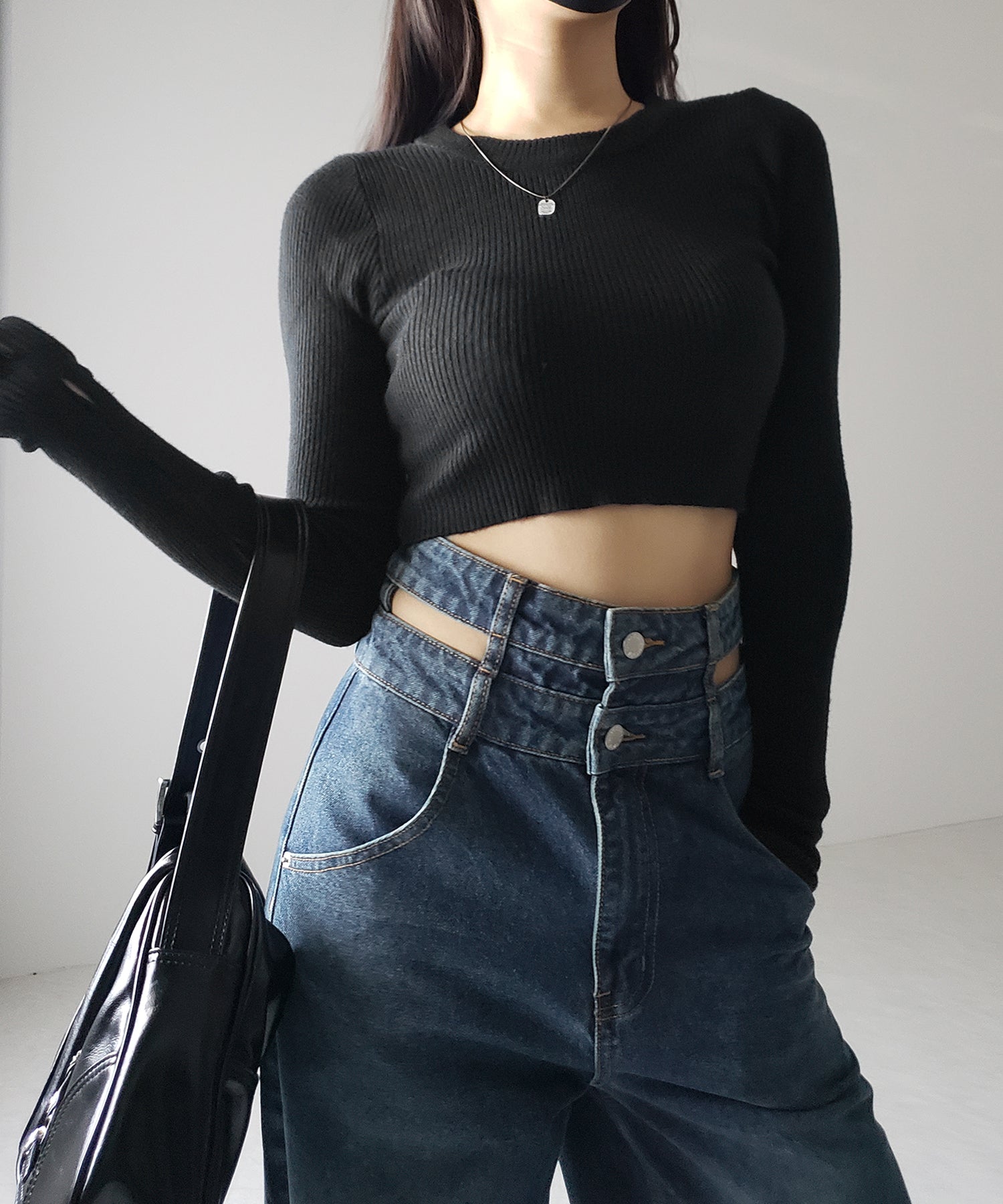 【２color ／４size 】カットアウトダブルハイウエストワイドデニム ／　cutout double high waist wide denim
