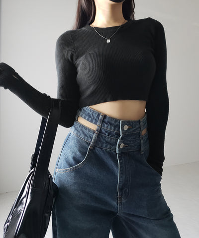 【２color ／４size 】カットアウトダブルハイウエストワイドデニム ／　cutout double high waist wide denim
