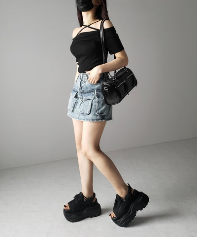 ３ポケットカーゴデニムミニスカートパンツ ／ 3-pocket cargo denim mini skirt pants