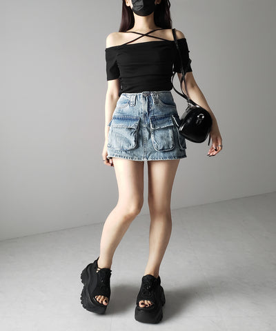 ３ポケットカーゴデニムミニスカートパンツ ／ 3-pocket cargo denim mini skirt pants