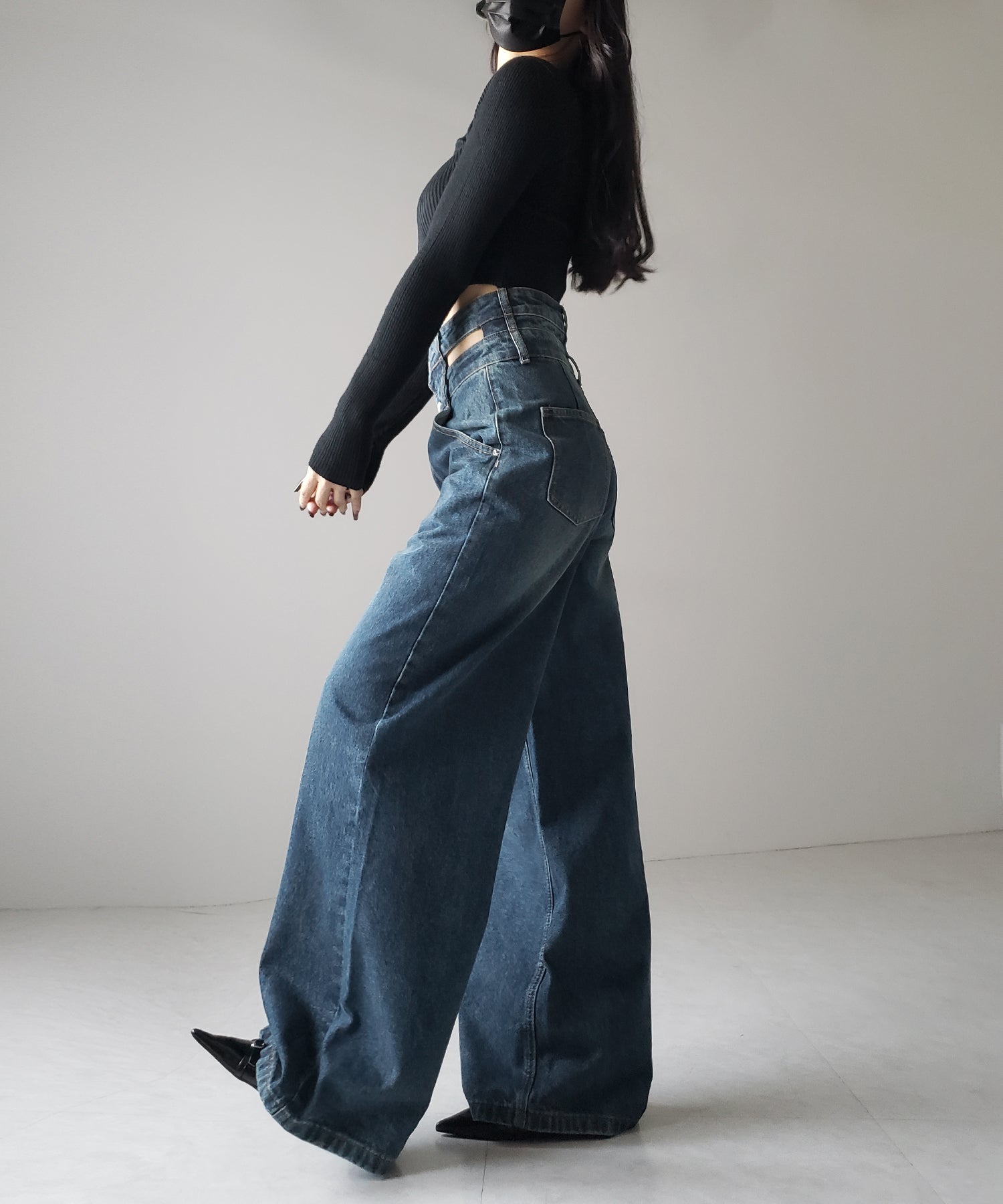 【２color ／４size 】カットアウトダブルハイウエストワイドデニム ／　cutout double high waist wide denim