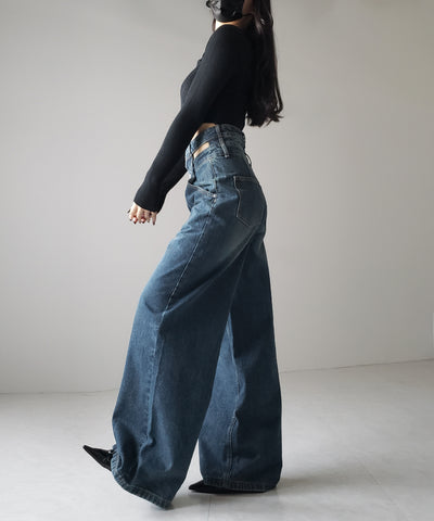 【２color ／４size 】カットアウトダブルハイウエストワイドデニム ／　cutout double high waist wide denim