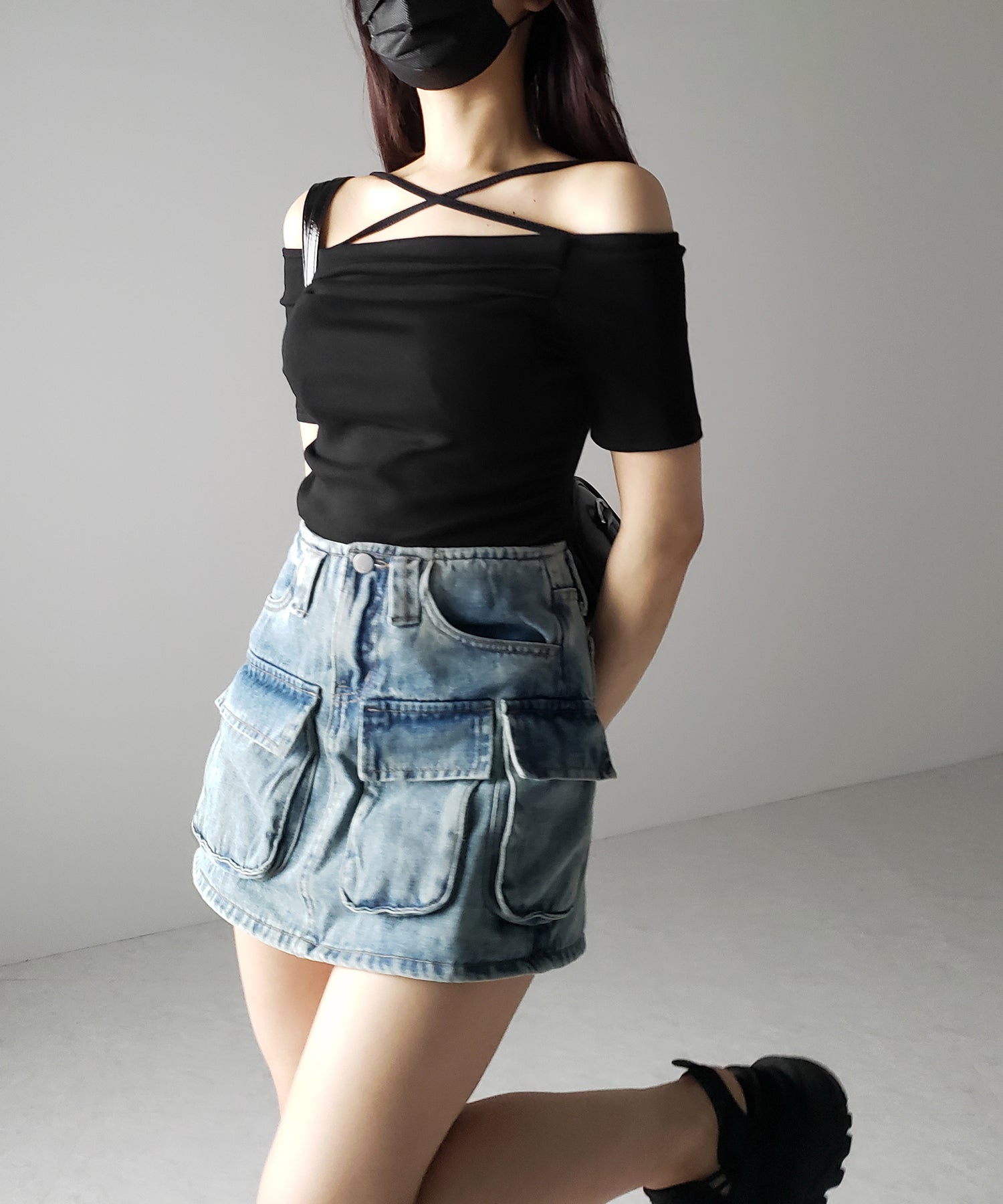 ３ポケットカーゴデニムミニスカートパンツ ／ 3-pocket cargo denim mini skirt pants