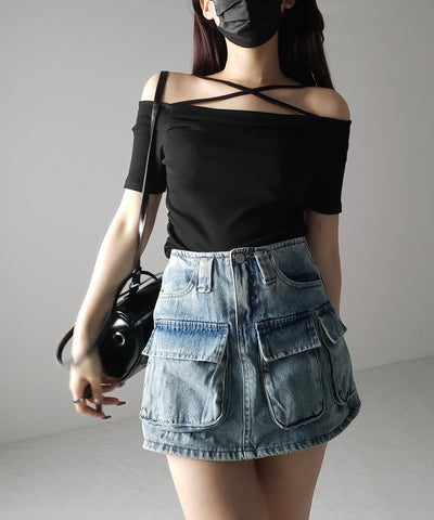 ３ポケットカーゴデニムミニスカートパンツ ／ 3-pocket cargo denim mini skirt pants