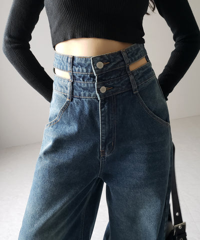 【２color ／４size 】カットアウトダブルハイウエストワイドデニム ／　cutout double high waist wide denim