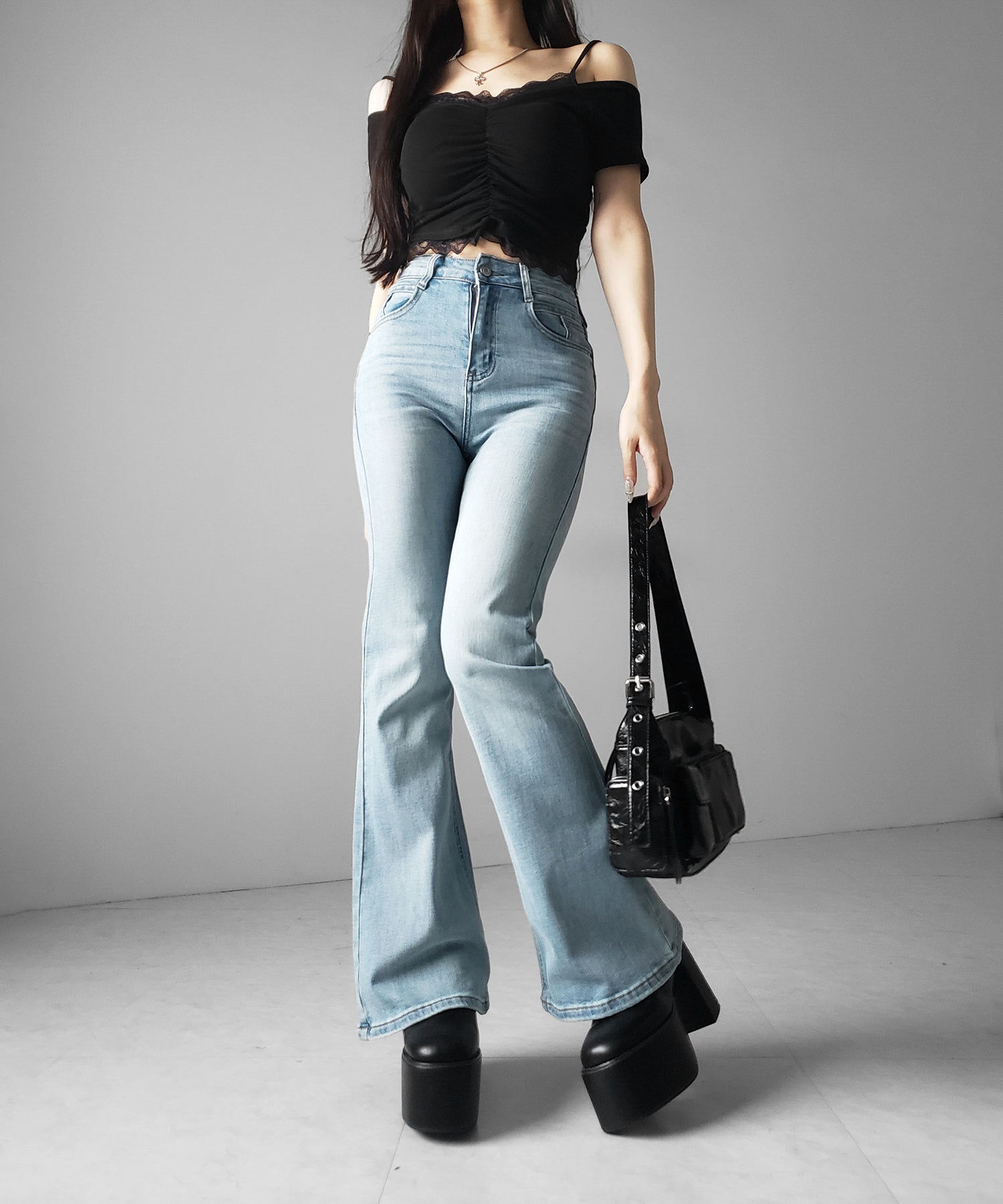 【４size 】美脚ハイウエストストレッチフレアデニム ／ slim leg High waist stretch flare denim