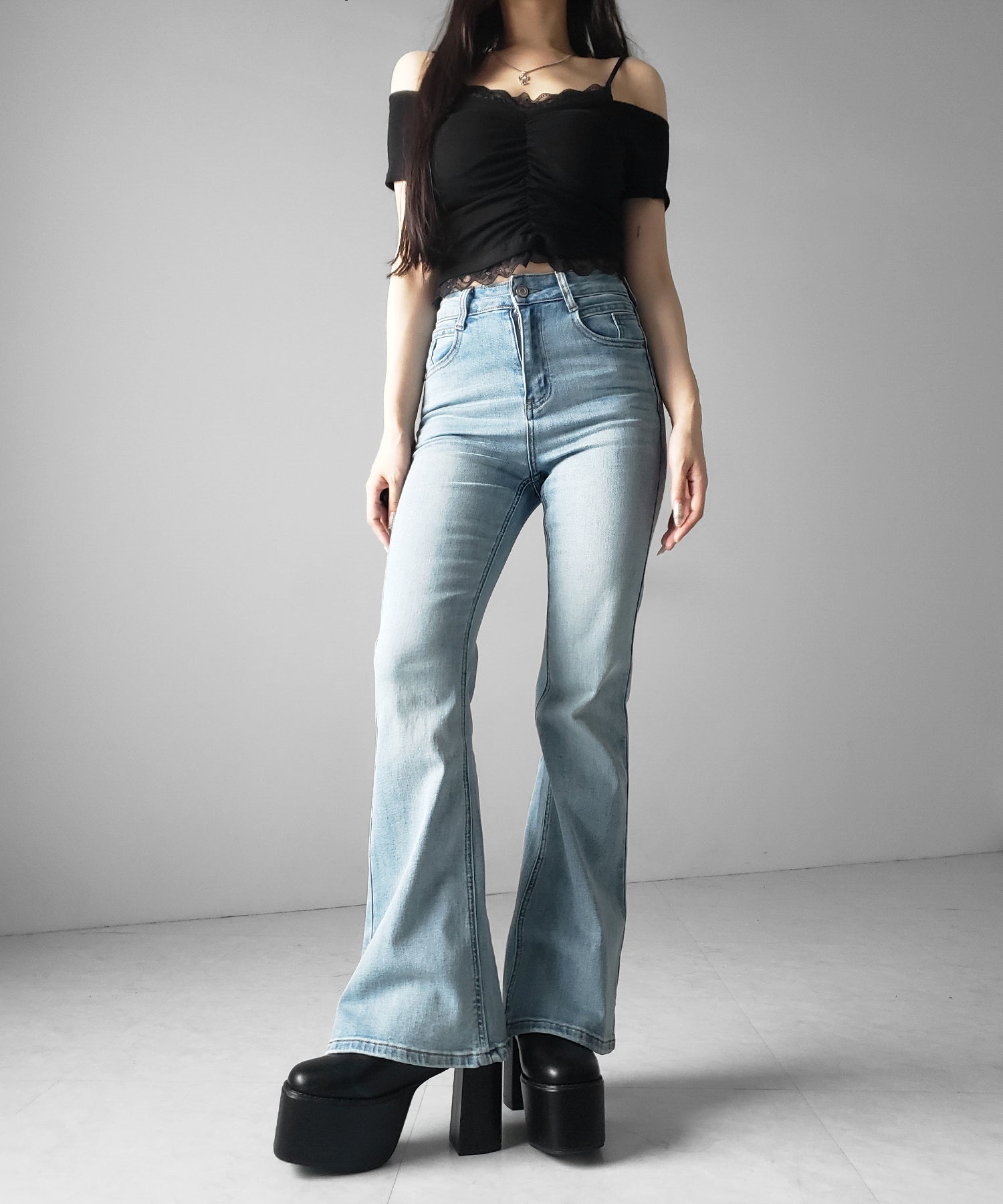 【４size 】美脚ハイウエストストレッチフレアデニム ／ slim leg High waist stretch flare denim