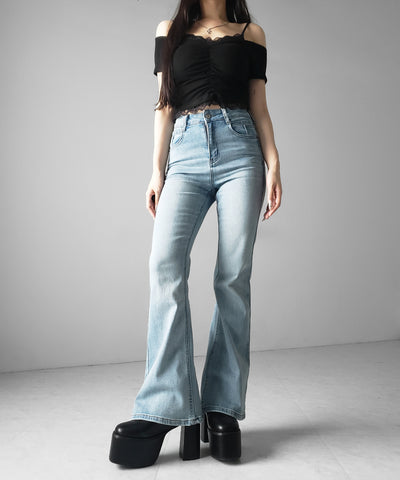 【４size 】美脚ハイウエストストレッチフレアデニム ／ slim leg High waist stretch flare denim