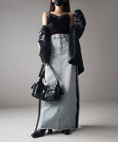 サイドラインバックスリットウォッシュデニムロングスカート ／ Sideline back slit washed denim long skirt