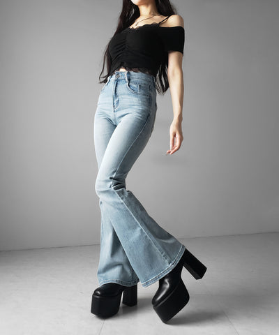 【４size 】美脚ハイウエストストレッチフレアデニム ／ slim leg High waist stretch flare denim