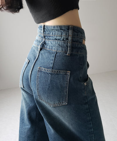 【２color ／４size 】カットアウトダブルハイウエストワイドデニム ／　cutout double high waist wide denim