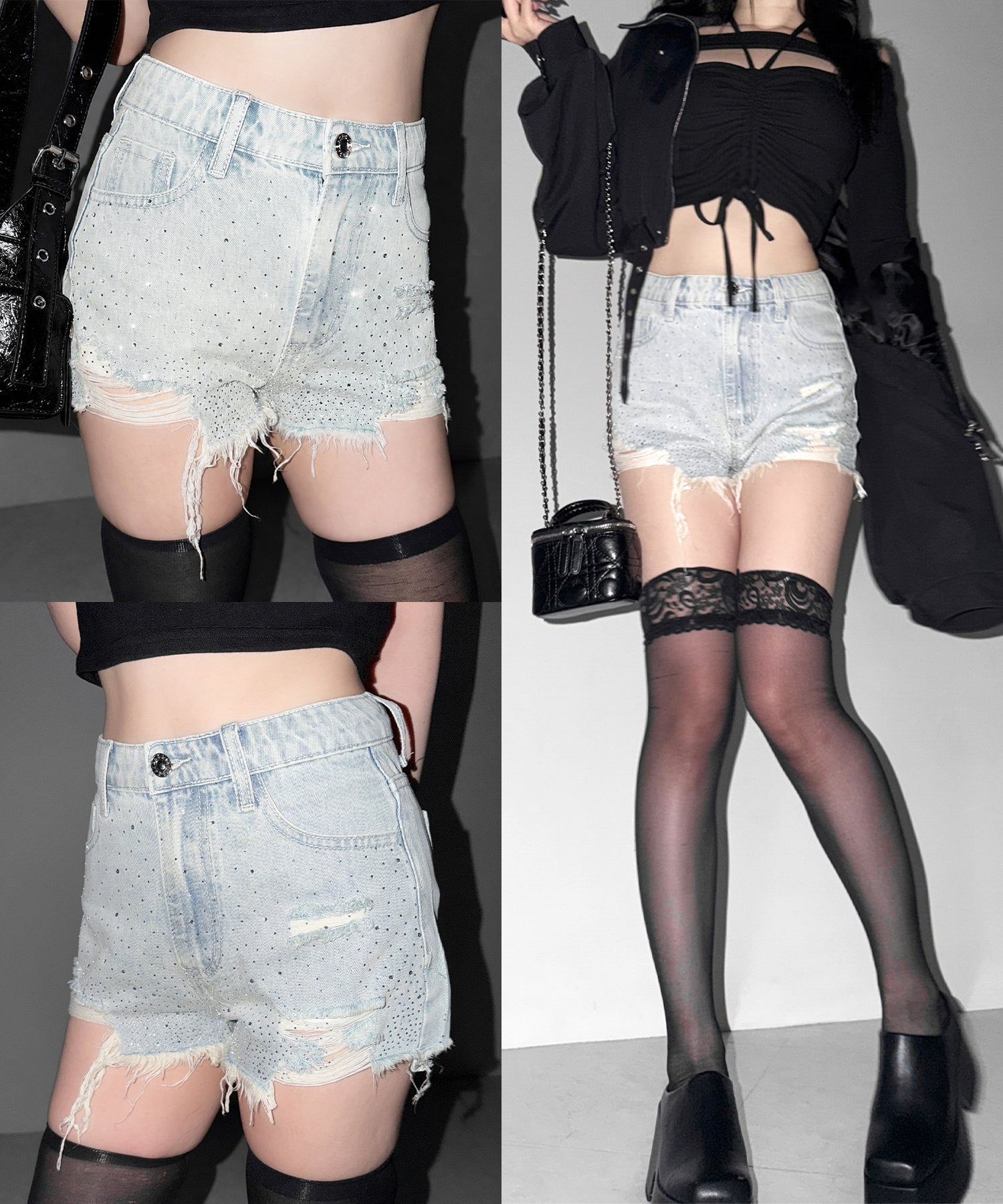 ラインストーンクラッシュダメージデニムショートパンツ／Rhinestone crash damage denim short pants