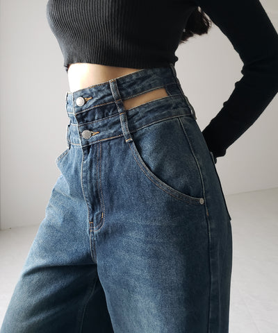 【２color ／４size 】カットアウトダブルハイウエストワイドデニム ／　cutout double high waist wide denim