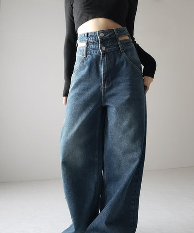 【２color ／４size 】カットアウトダブルハイウエストワイドデニム ／　cutout double high waist wide denim