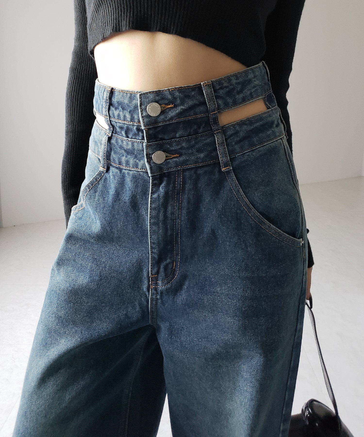 【２color ／４size 】カットアウトダブルハイウエストワイドデニム ／　cutout double high waist wide denim