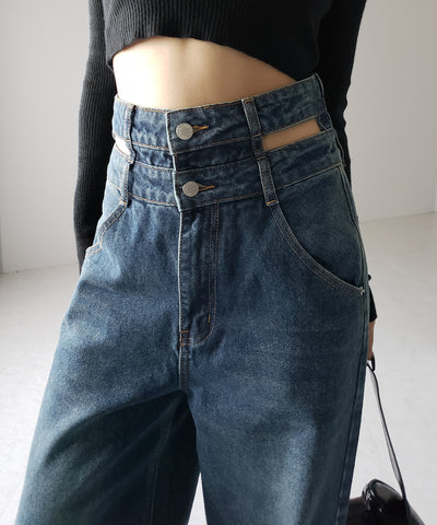 【２color ／４size 】カットアウトダブルハイウエストワイドデニム ／　cutout double high waist wide denim