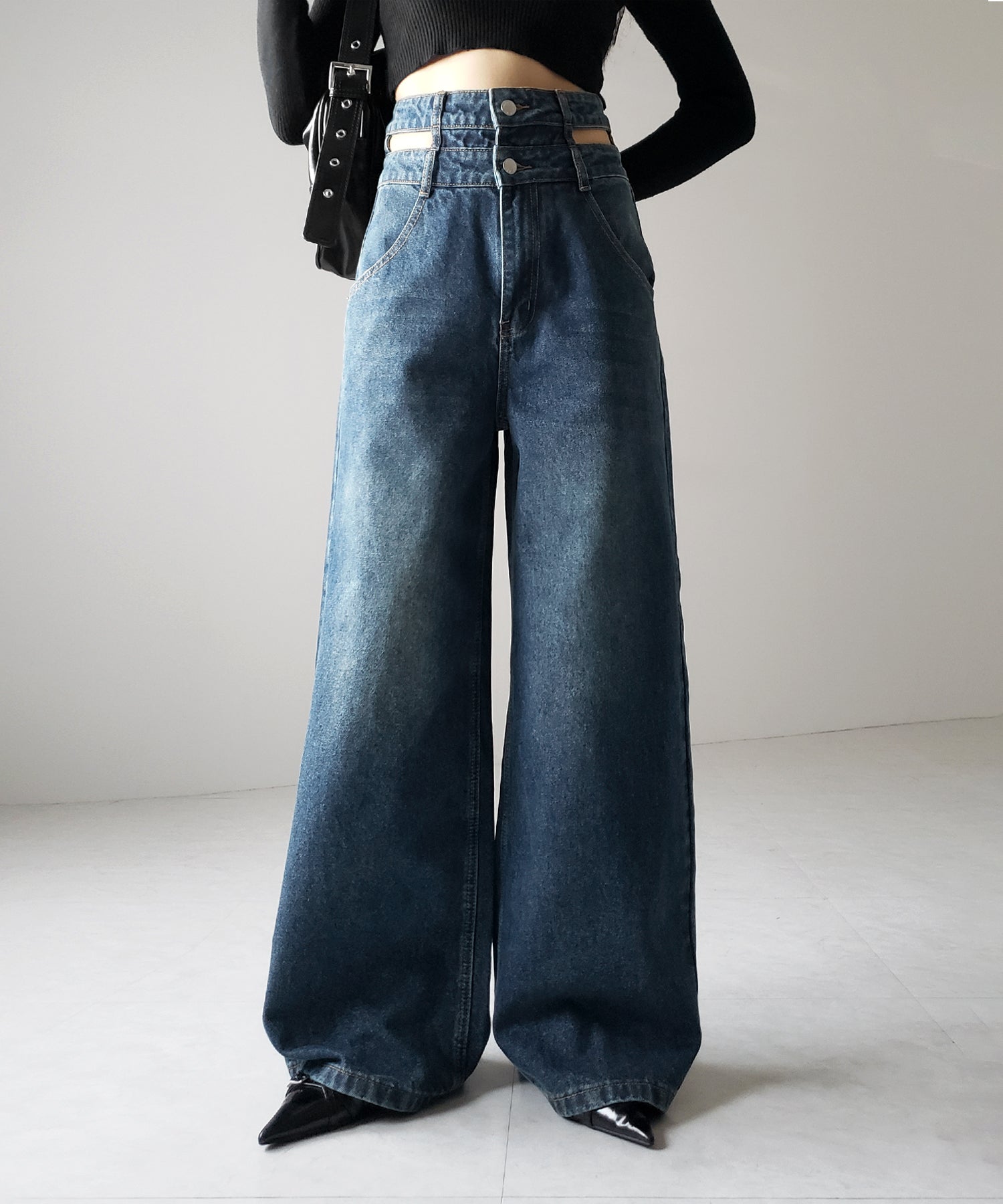 【２color ／４size 】カットアウトダブルハイウエストワイドデニム ／　cutout double high waist wide denim