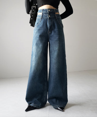 【２color ／４size 】カットアウトダブルハイウエストワイドデニム ／　cutout double high waist wide denim