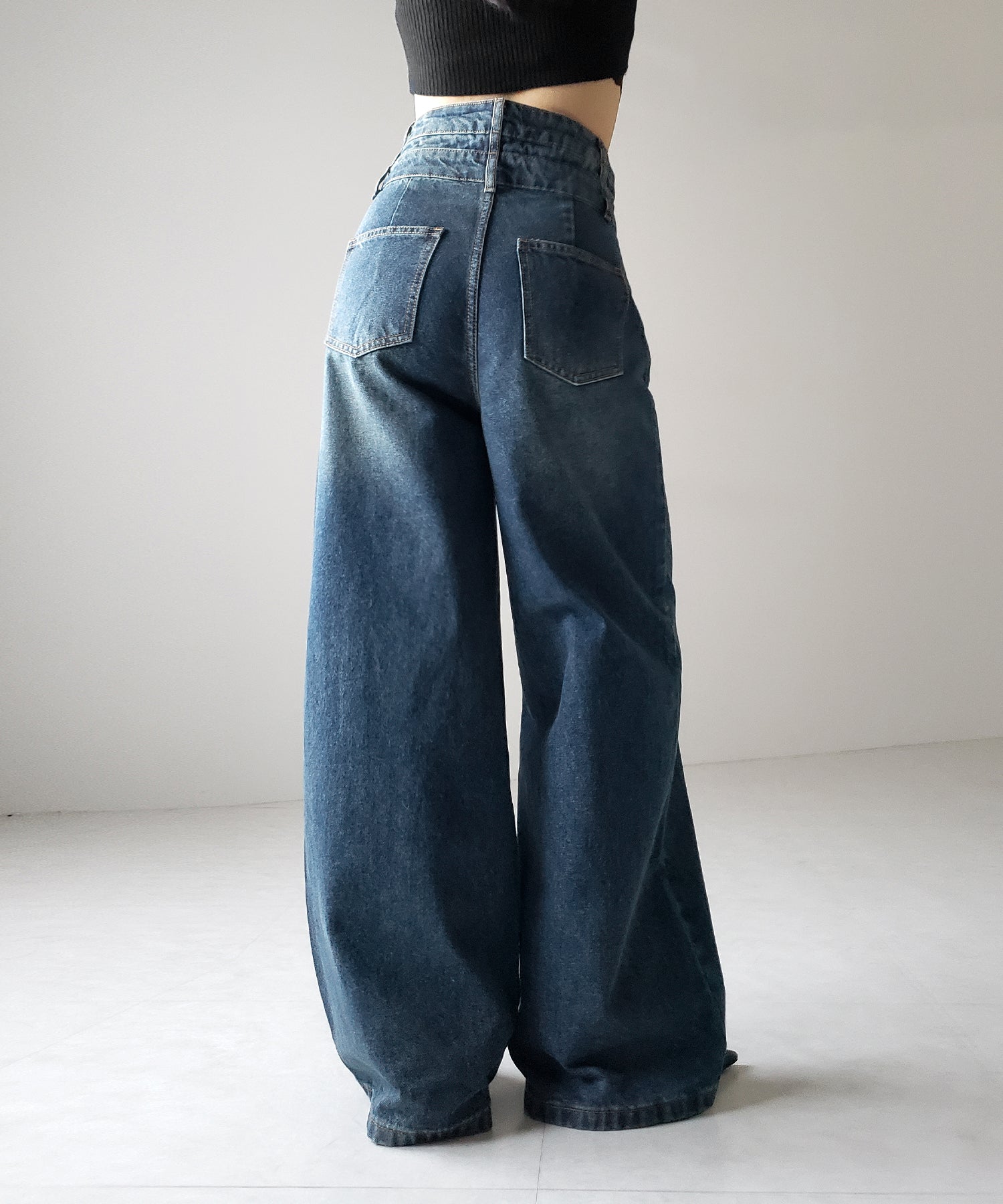【２color ／４size 】カットアウトダブルハイウエストワイドデニム ／　cutout double high waist wide denim