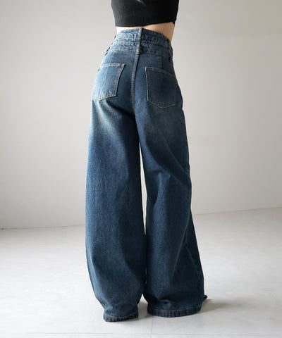 【２color ／４size 】カットアウトダブルハイウエストワイドデニム ／　cutout double high waist wide denim