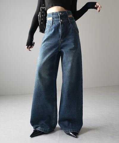 【２color ／４size 】カットアウトダブルハイウエストワイドデニム ／　cutout double high waist wide denim
