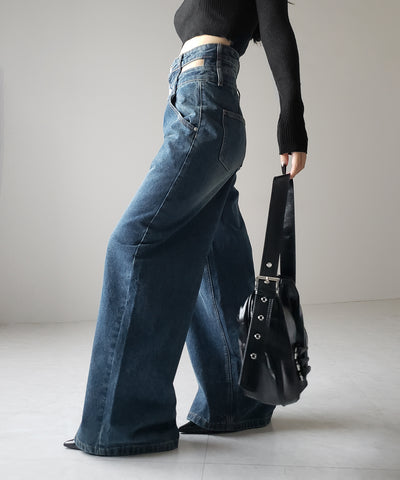 【２color ／４size 】カットアウトダブルハイウエストワイドデニム ／　cutout double high waist wide denim