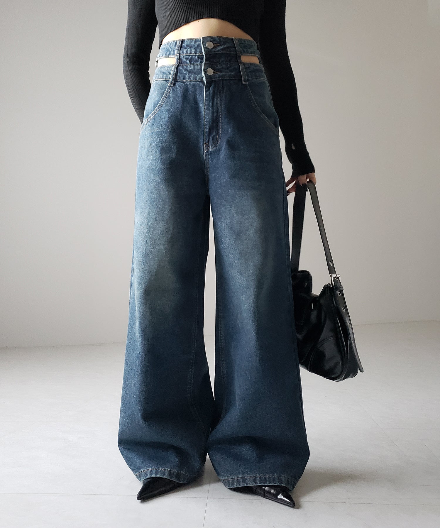 【２color ／４size 】カットアウトダブルハイウエストワイドデニム ／　cutout double high waist wide denim