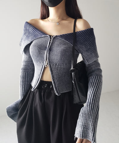 【 ３color 】ダブルジップスリットオフショルリブニット