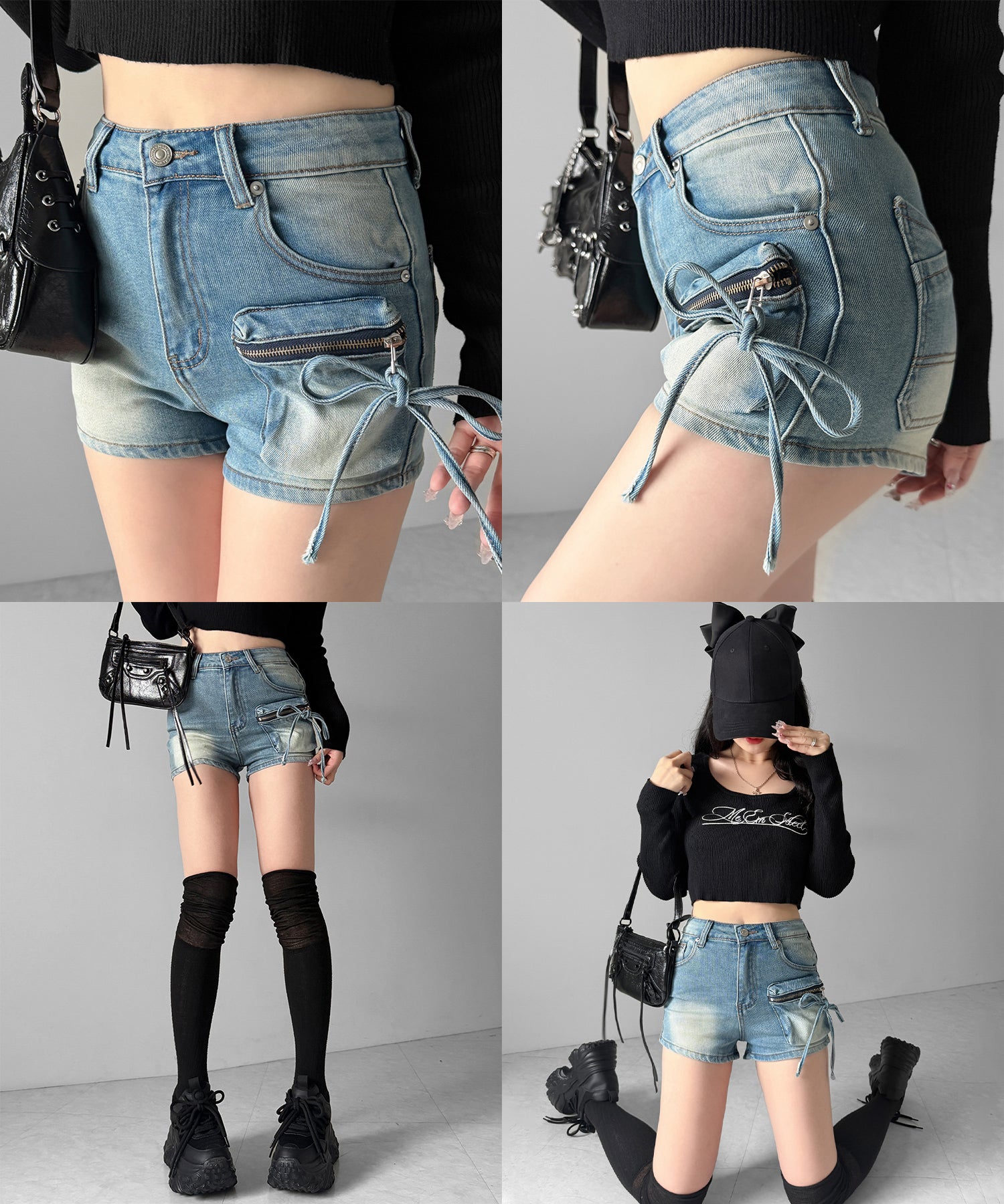 リボンストリングカーゴポケットデニムショートパンツ／ribbon string cargo pocket denim short pants