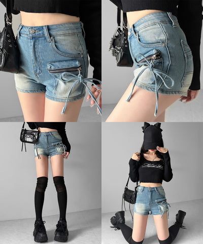 リボンストリングカーゴポケットデニムショートパンツ／ribbon string cargo pocket denim short pants