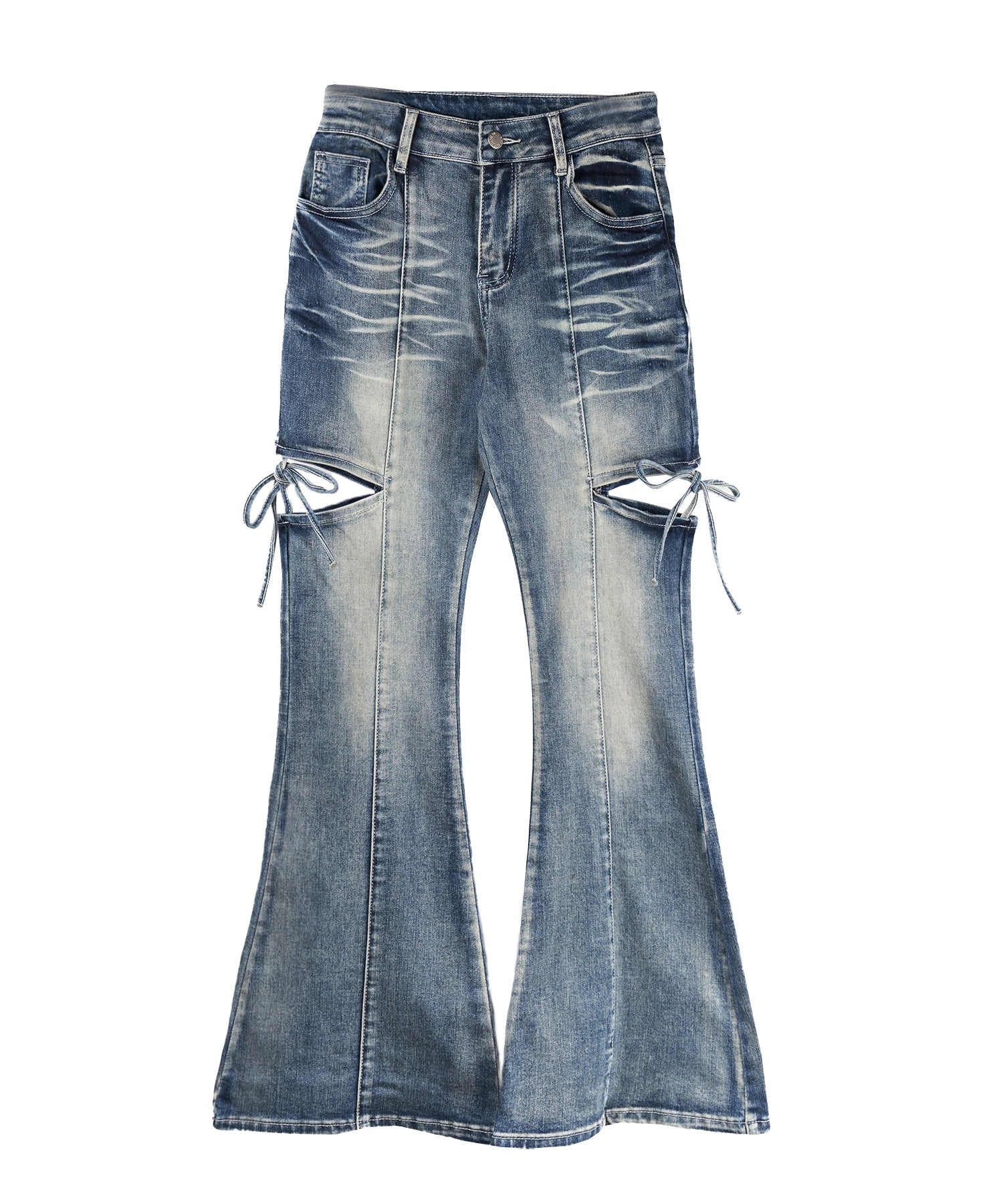 【 限定先行販売 】cutout ribbon vintage stretch flare denim
