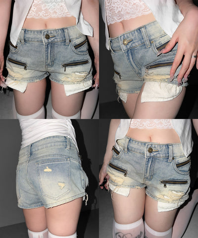 レースポケットダメージデニムマイクロショートパンツ／ lace pocket damage denim micro short pants