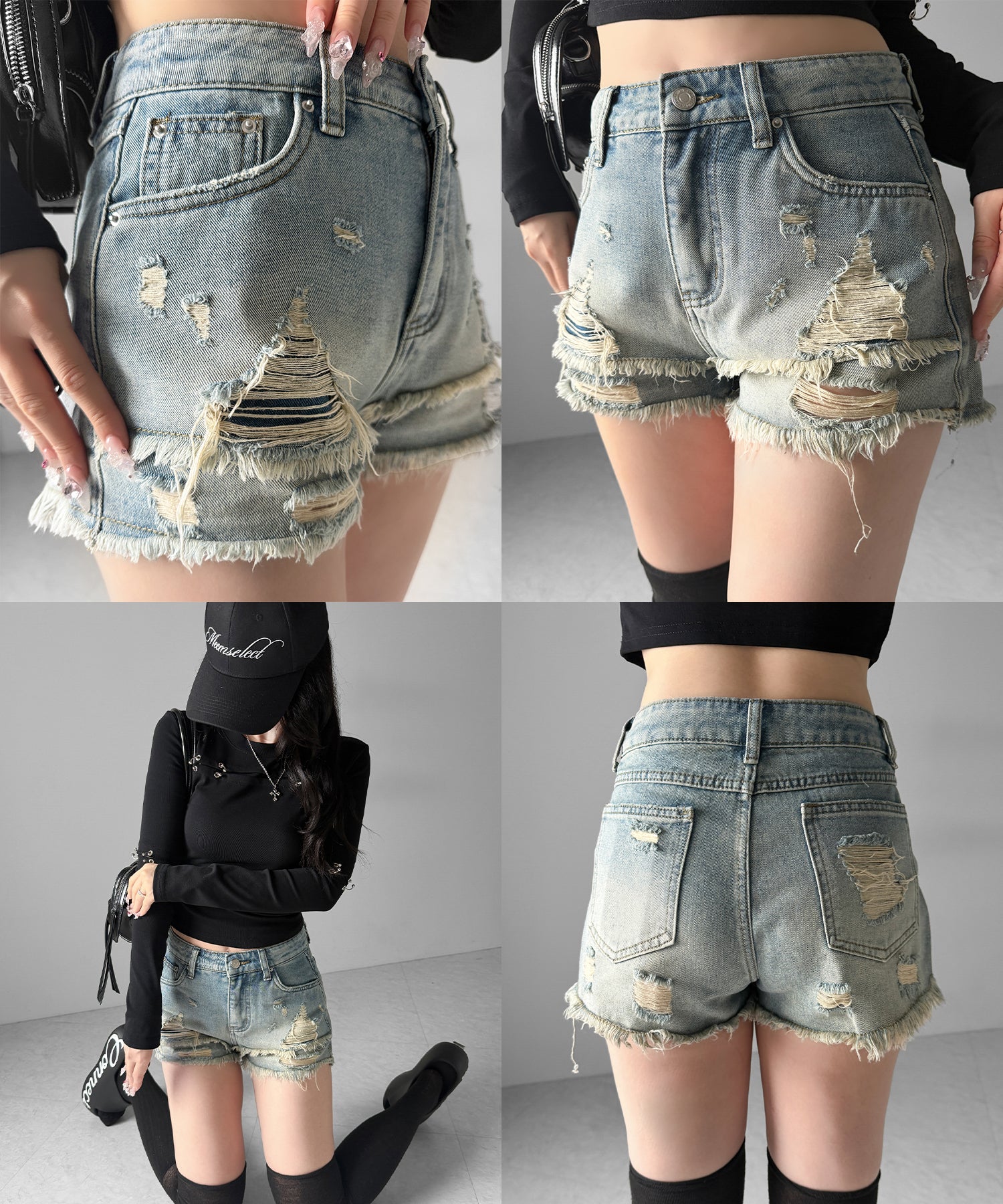 クラッシュダメージダブルフリンジデニムショートパンツ／crash damage double fringe denim short pants