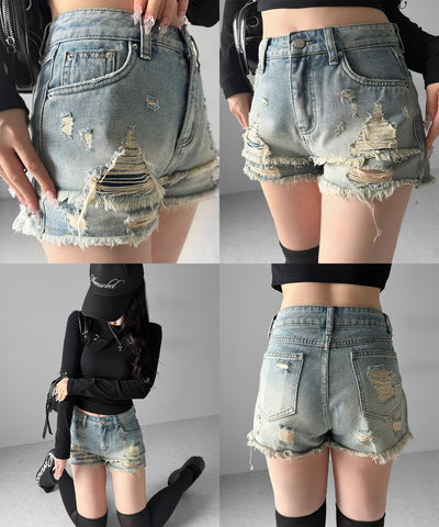 クラッシュダメージダブルフリンジデニムショートパンツ／crash damage double fringe denim short pants