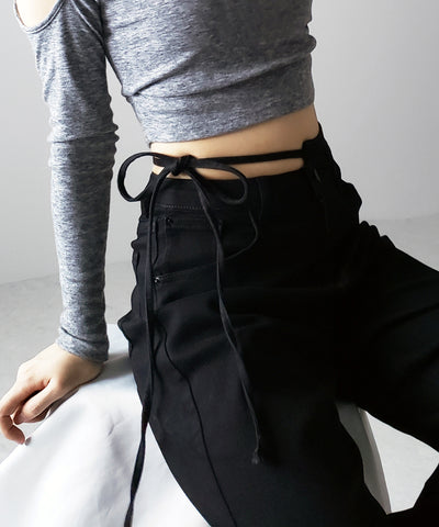 【 ４color 】カットアウトサイドリボンウォッシュストレートデニム