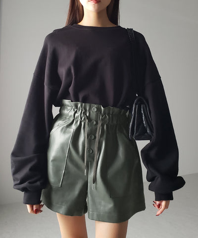 【 ４COLOR 】ハイウエストシャーリングレザーショートパンツ