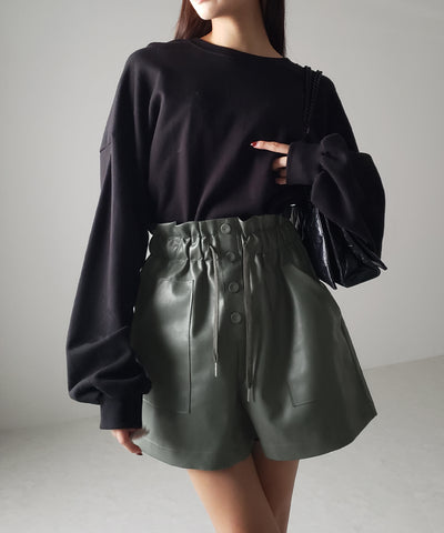 【 ４COLOR 】ハイウエストシャーリングレザーショートパンツ