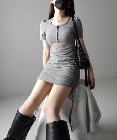【 ２color 】シャーリングリボンヘンリーネックミニワンピース ／ shirring ribbon henley neck mini onepiece