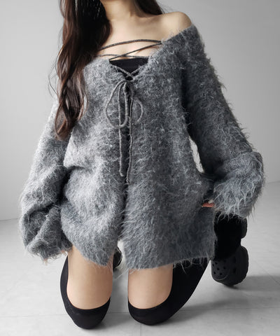 レースアップリボンオーバーシャギーニットカーディガン ／ lace up ribbon over shaggy knit cardigan