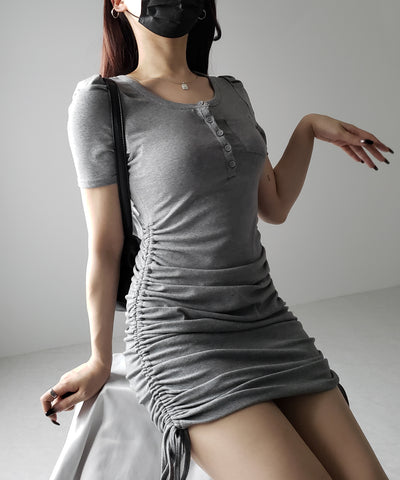 【 ２color 】シャーリングリボンヘンリーネックミニワンピース ／ shirring ribbon henley neck mini onepiece