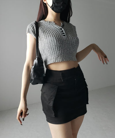 【 ３color 】キーネックショートサマーリブニットトップス ／ Key neck short summer rib knit tops