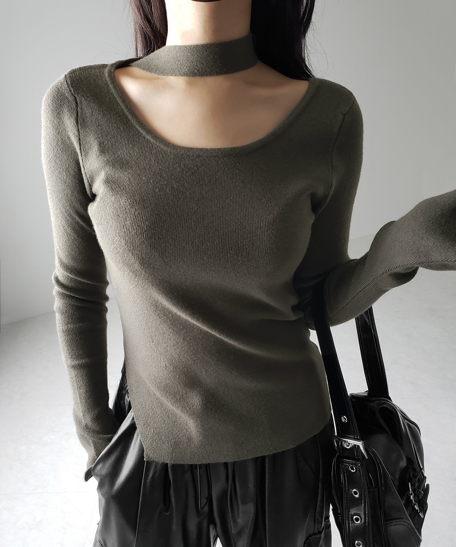 【 ２color 】チョーカーリブニットトップス ／choker lib knit tops