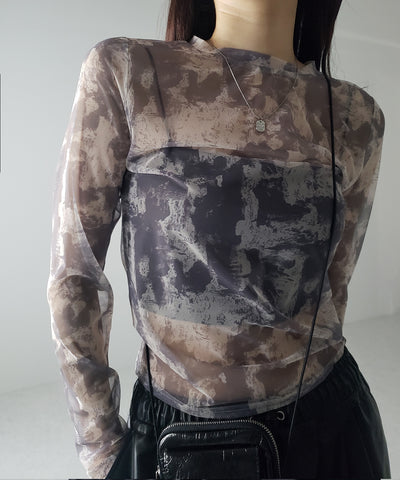 【 選べる３color／２size 】ニュアンスタイダイシースルー長袖トップス