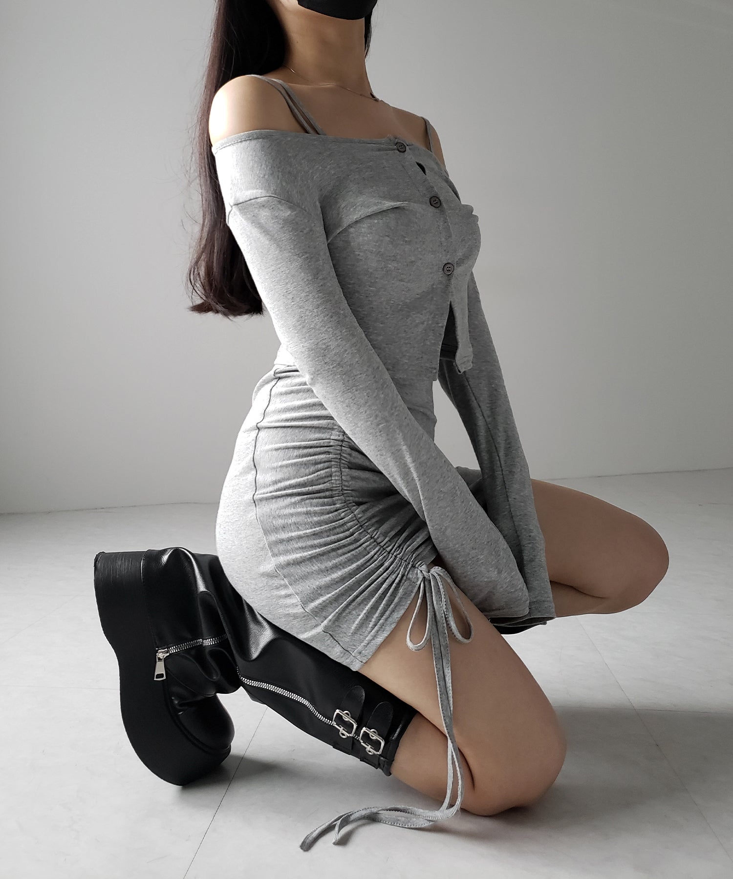 【 ２点セット 】シャーリングサイドリボンミニワンピース ＆ カーディガン SET ／ shirring side ribbon mini onepiece ＆ cardigan SET