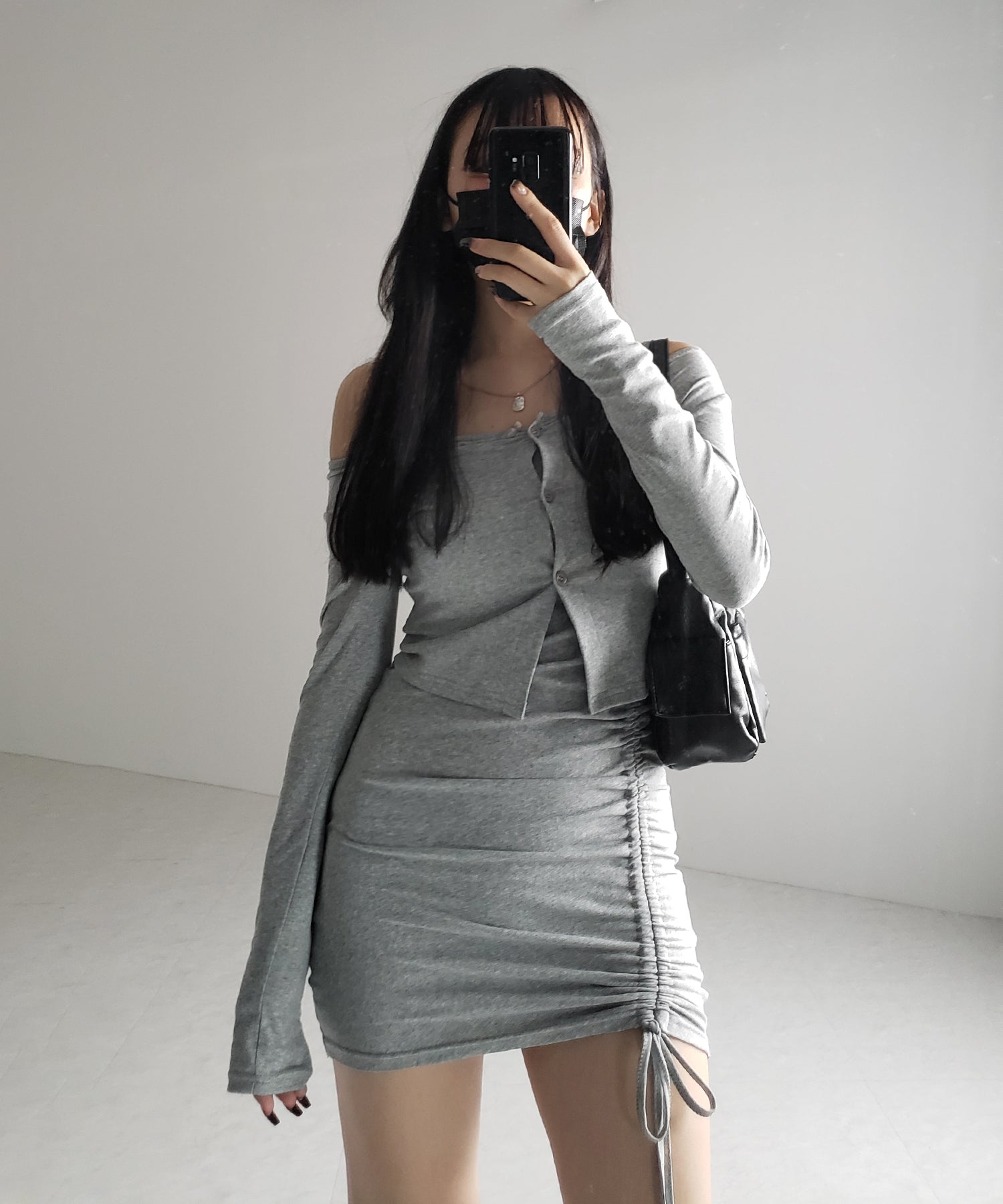 【 ２点セット 】シャーリングサイドリボンミニワンピース ＆ カーディガン SET ／ shirring side ribbon mini onepiece ＆ cardigan SET