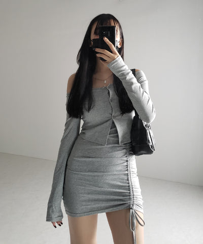 【 ２点セット 】シャーリングサイドリボンミニワンピース ＆ カーディガン SET ／ shirring side ribbon mini onepiece ＆ cardigan SET